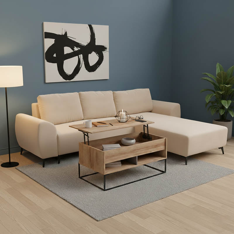 Kαναπές κρεβάτι τριθέσιος αναστρέψιμος Settee ύφασμα με αποθηκευτικό χώρο σε μπεζ απόχρωση 286x204x93εκ