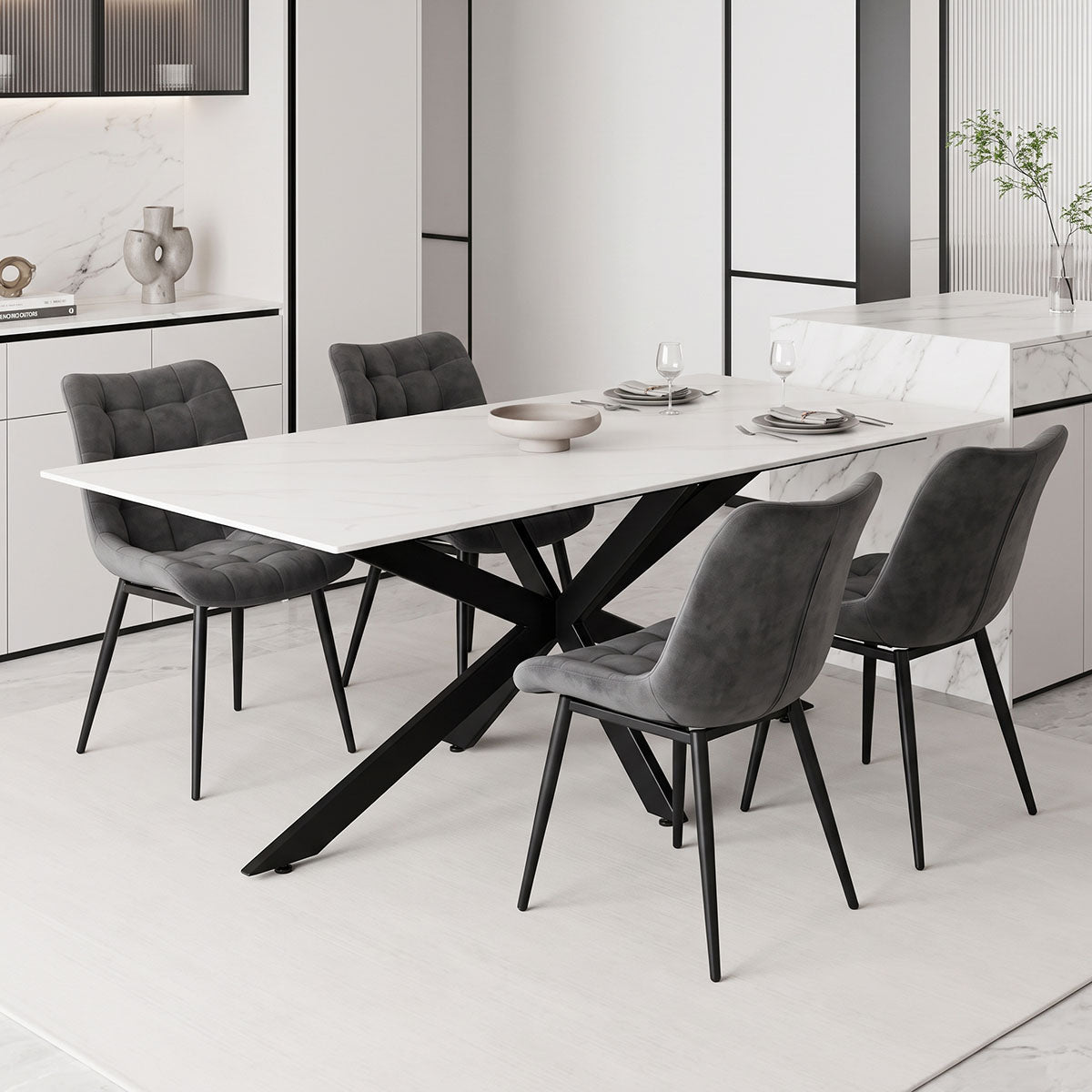 Τραπέζι Bethan sintered stone λευκό-μαύρα μεταλλικά πόδια 180x90x75εκ