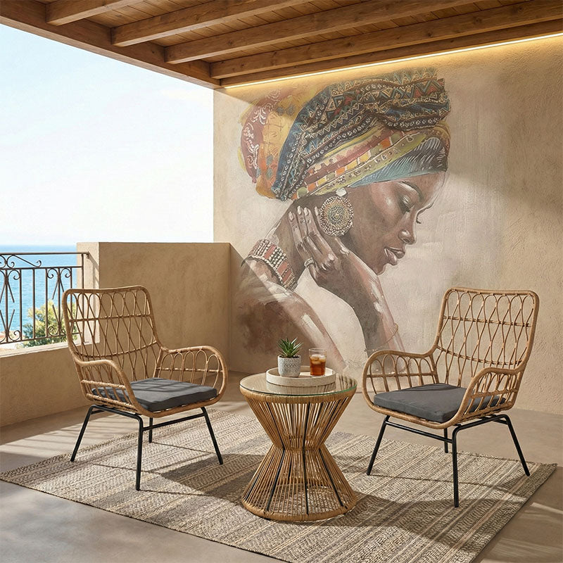 Σαλόνι Naoki-Mabil σετ 3τεμ pe rattan σε φυσική απόχρωση με μαύρο μέταλλο