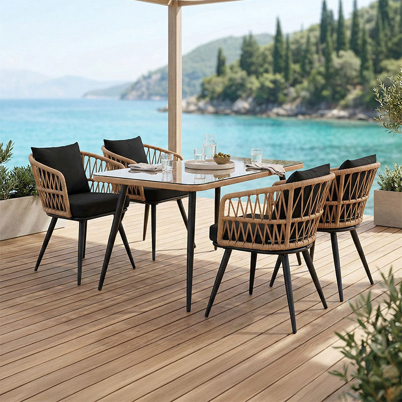 Τραπεζαρία Naoki σετ 5 τεμ γυάλινο- pe rattan σε φυσική απόχρωση με μαυρα πόδια 140x80x78εκ
