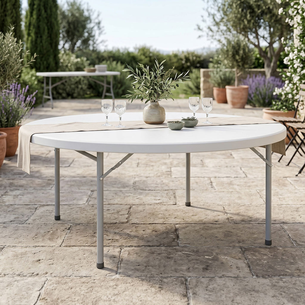 Τραπέζι βαλίτσα catering Comfort πτυσσόμενο στρόγγυλο σε λευκή απόχρωση Φ180x74εκ