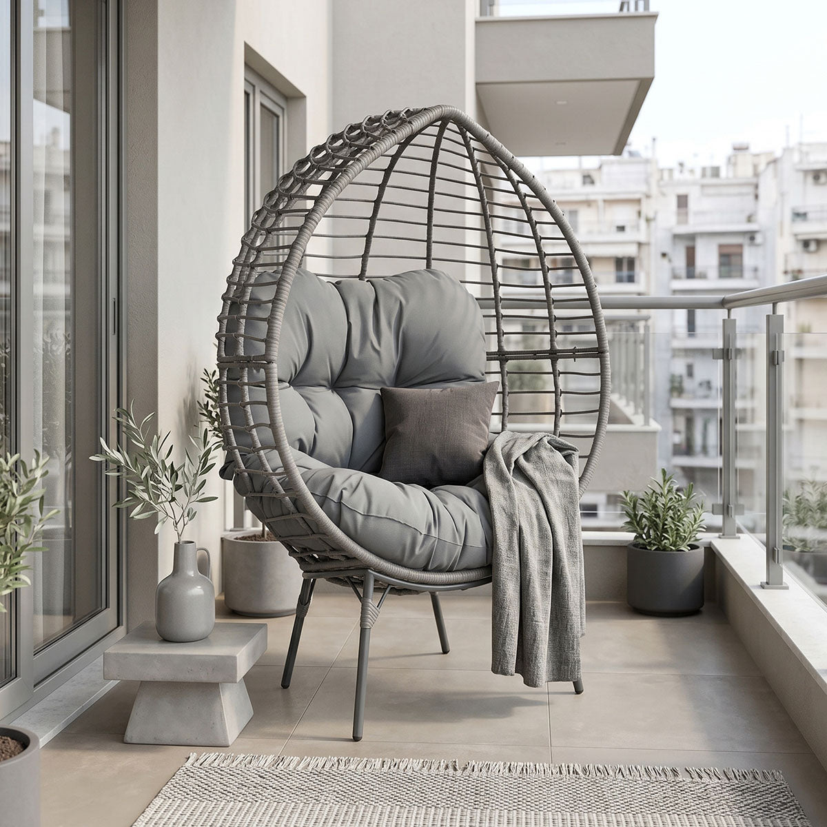 Πολυθρόνα Nestie wicker rattan γκρι-μεταλλικό γκρι πόδι-γκρι μαξιλάρι 102x80x155εκ