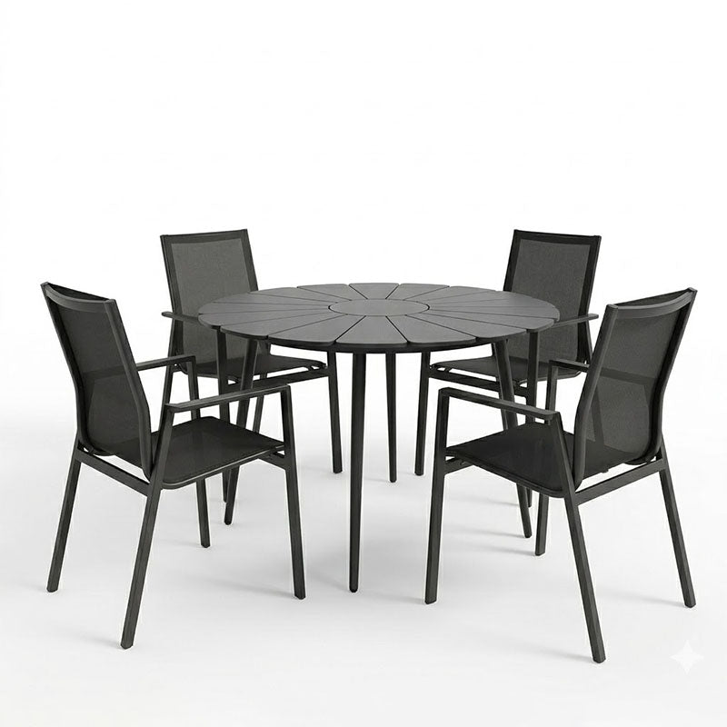 Τραπεζαρία Pinap-Dashiell σετ 5τεμ μαύρο αλουμίνιο και plywood σε μαύρη απόχρωση Φ110x74εκ