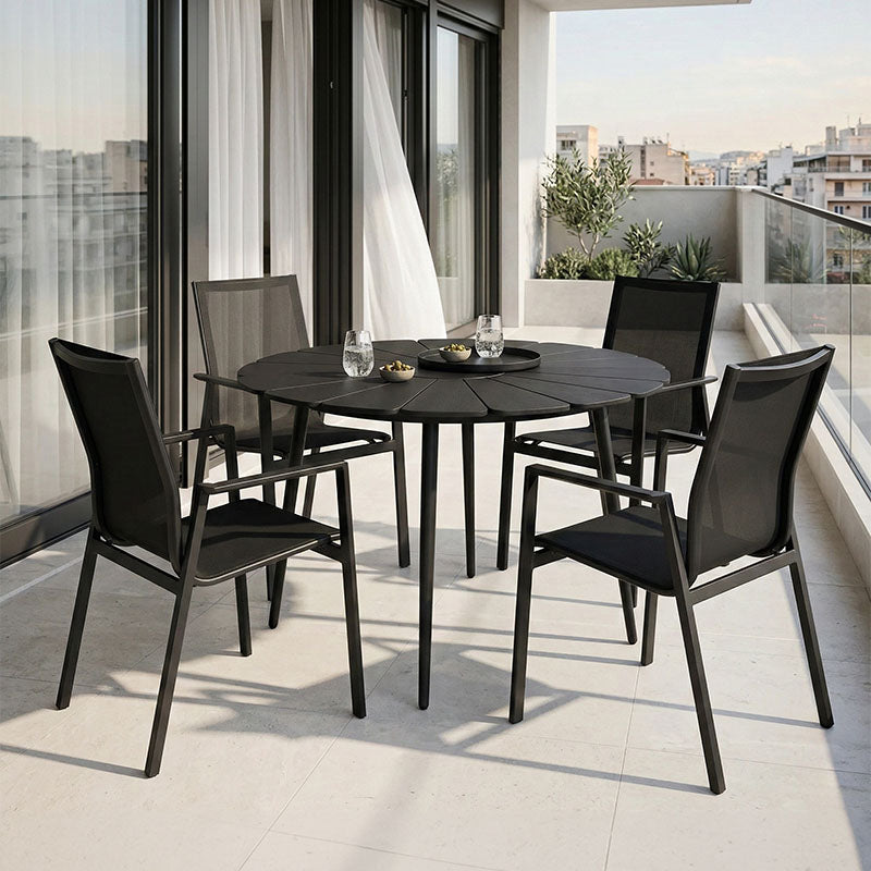 Τραπεζαρία Pinap-Dashiell σετ 5τεμ μαύρο αλουμίνιο και plywood σε μαύρη απόχρωση Φ110x74εκ