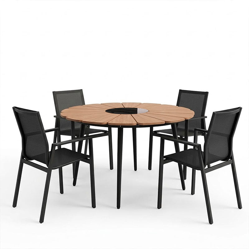 Τραπεζαρία Pinap-Dashiell σετ 5τεμ μαύρο αλουμίνιο και plywood σε φυσική απόχρωση Φ110x74εκ