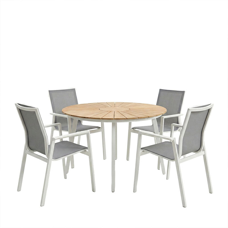 Τραπεζαρία Pinap-Dashiell σετ 5τεμ λευκό αλουμίνιο και plywood σε φυσική απόχρωση Φ110x74εκ