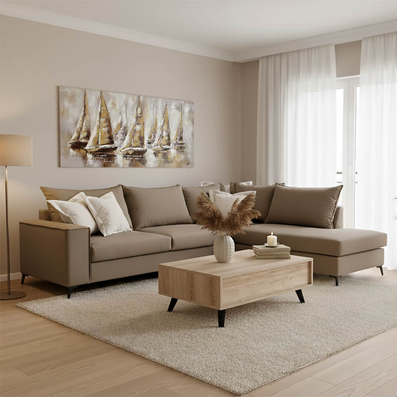Γωνιακός καναπές αριστερή γωνία Romantic ύφασμα mocha-cream 290x235x95εκ