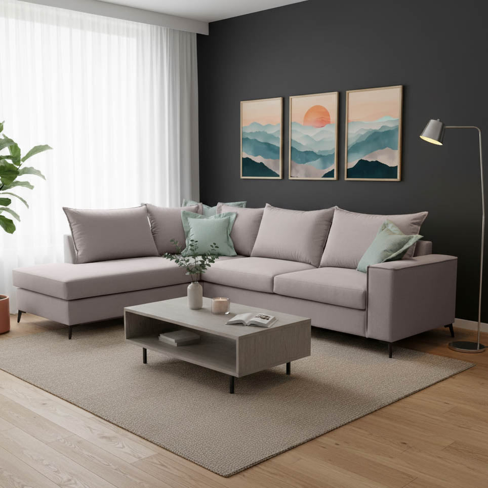 Γωνιακός καναπές δεξιά γωνία Romantic ύφασμα elephant-ciel 290x235x95εκ