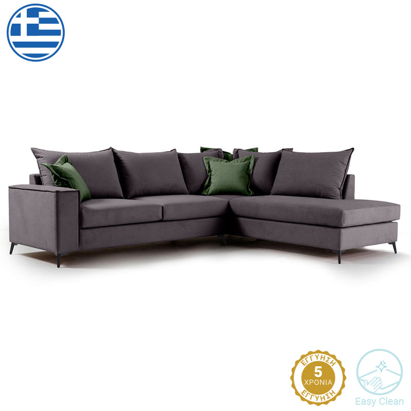 Γωνιακός καναπές αριστερή γωνία Romantic ύφασμα ανθρακί-κυπαρισσί 290x235x95εκ