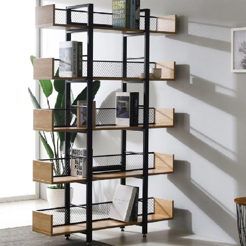 Βιβλιοθήκη Musha μέταλλο μαύρο με oak απόχρωση 120x27x185εκ