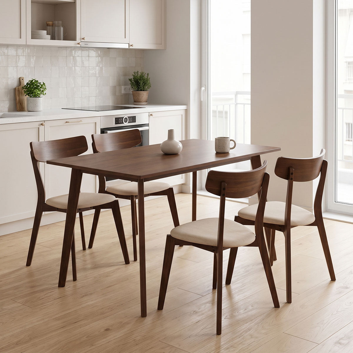 Tραπεζαρία Benson - Toto σετ 5τμχ καρυδί - ύφασμα μπεζ 120x75x75εκ