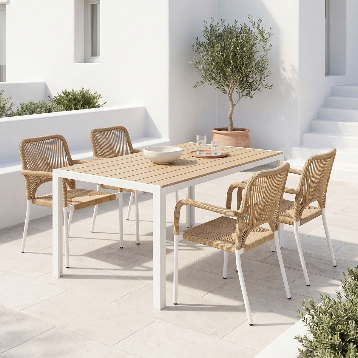 Τραπεζαρία Nares-Norture A σετ 5τεμ λευκό αλουμίνιο και plywood σε φυσική απόχρωση 140x80x72.5εκ