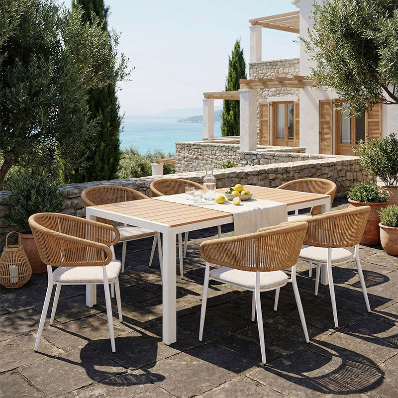 Τραπεζαρία Nares-Raven B σετ 7τεμ λευκό αλουμίνιο και plywood σε φυσική απόχρωση 180x90x72.5εκ