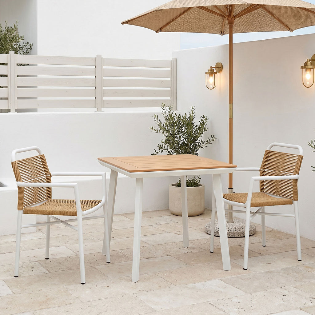 Τραπεζαρία Synergy-Norture σετ 3τεμ λευκό αλουμίνιο και plywood σε φυσικό χρώμα 80x80x74εκ