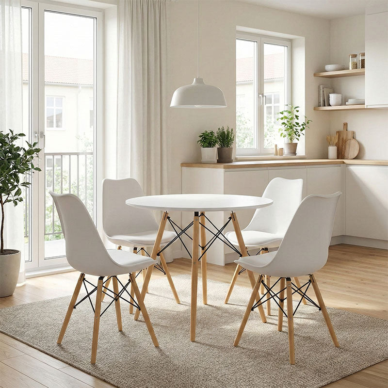 Τραπεζαρία Julita σετ 5τεμ MDF και ξύλο οξιάς σε λευκή-φυσική απόχρωση Φ80x73εκ