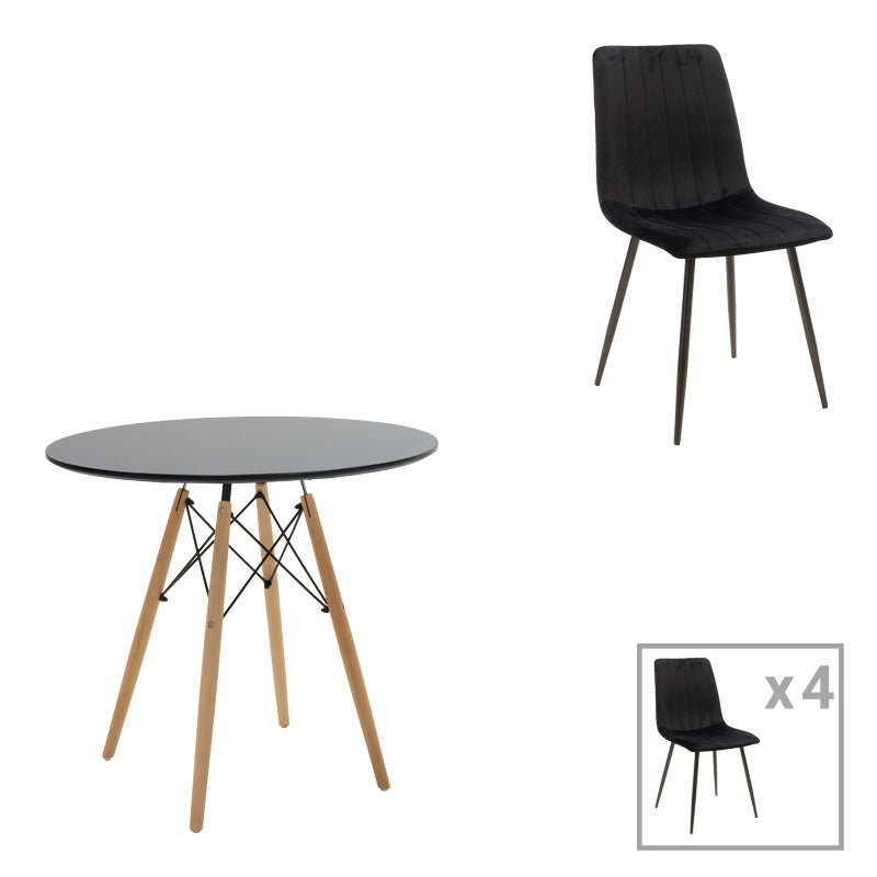 Τραπεζαρία Julita-Noor σετ 5τεμ MDF μαύρο-πόδια φυσικό Φ80x73εκ