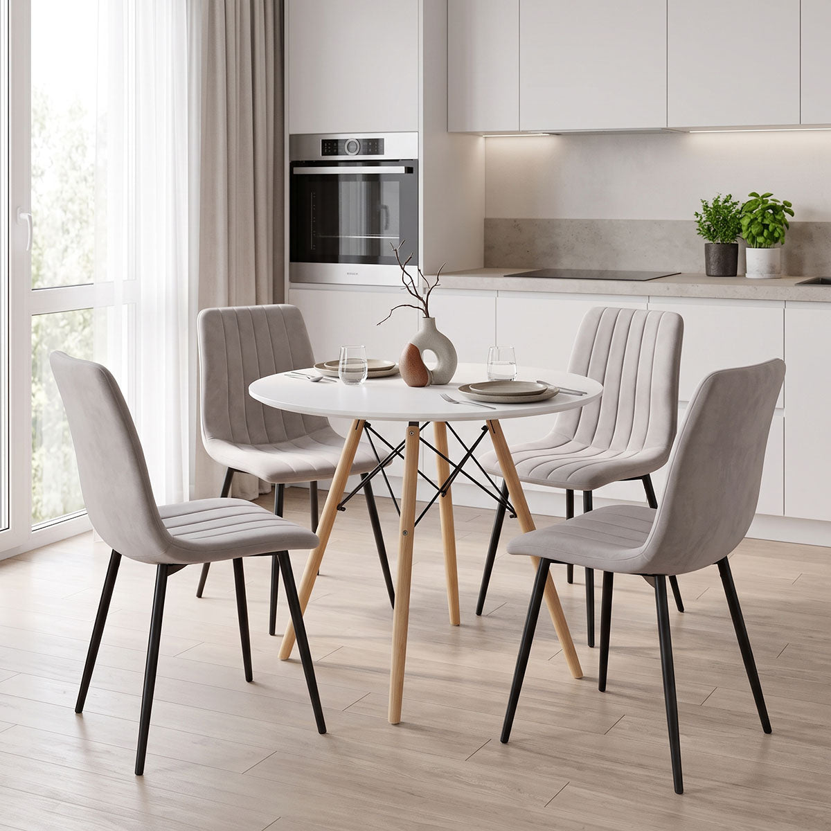Τραπεζαρία Julita-Noor σετ 5τεμ MDF λευκό-γκρι-πόδια φυσικό Φ80x73εκ