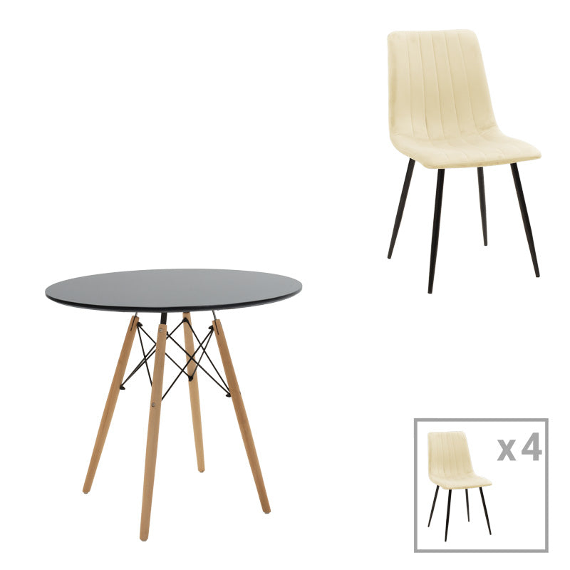 Τραπεζαρία Julita-Noor σετ 5τεμ MDF μαύρο-μπεζ ύφασμα Φ80x73εκ