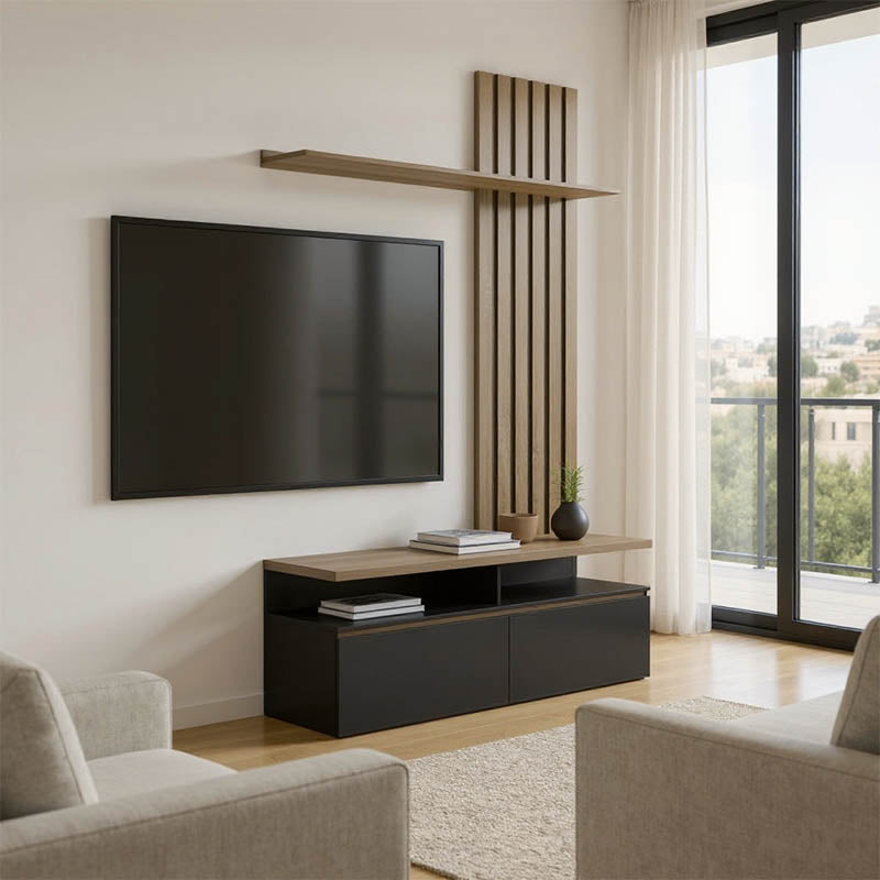 Σύνθετο σαλονιού Perlento σε μαύρο με sonoma απόχρωση 140x41x219.5εκ