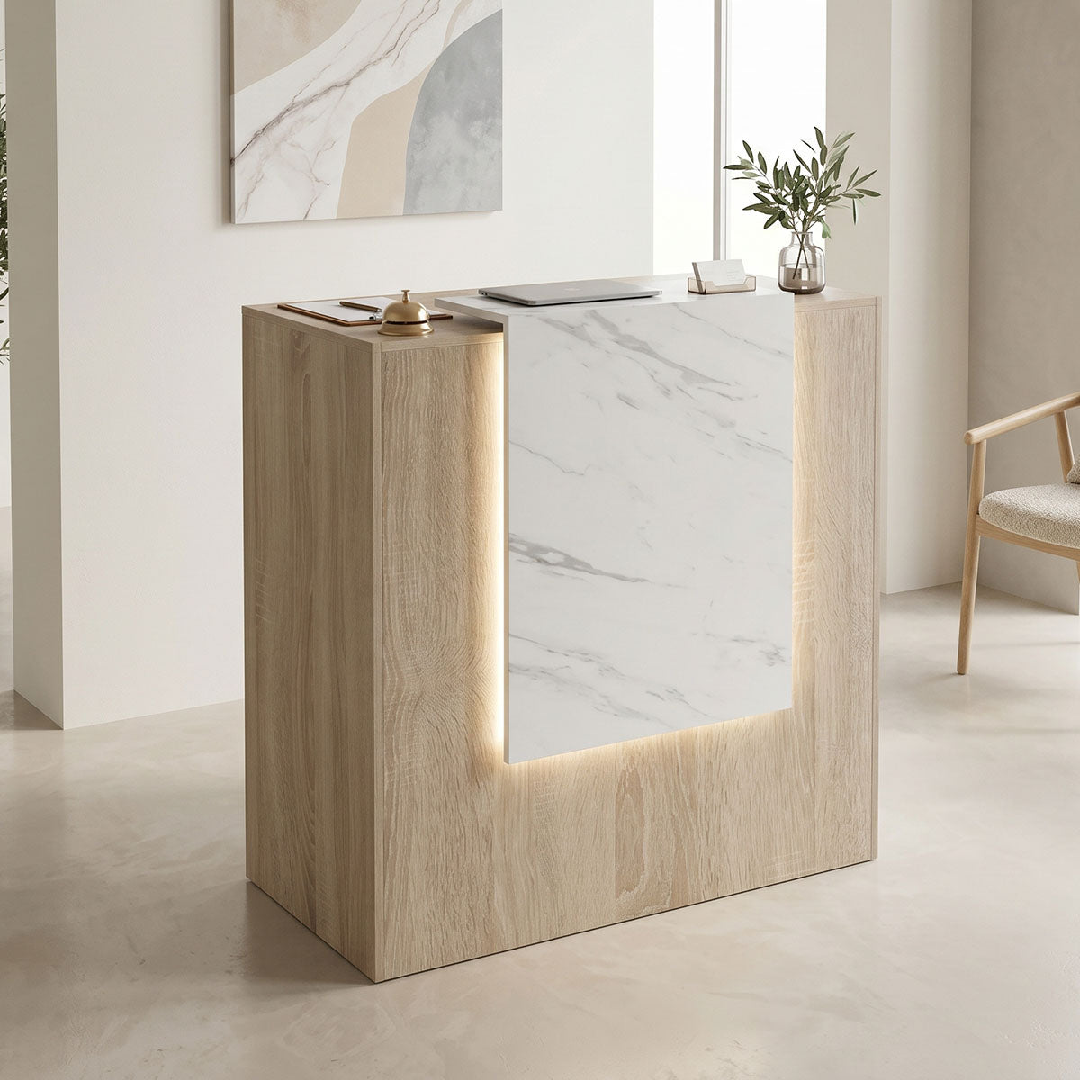 Γραφείο reception Zowel με led sonoma-λευκή όψη μαρμάρου 90x40x110εκ