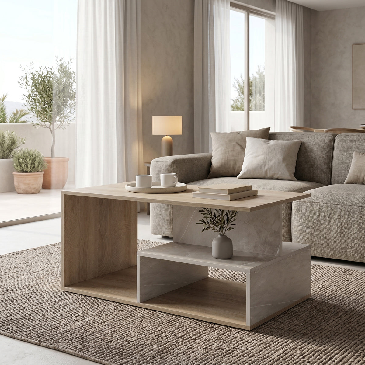 Τραπέζι σαλονιού Kelena sonoma-μπεζ όψη μαρμάρου 90x51x43εκ