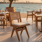 Καρέκλα Winslow ξύλο rubberwood ανοικτό καρυδί-pvc rattan φυσικό-ύφασμα γκρι