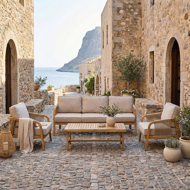 Σαλόνι εξωτερικού χώρου Malibu III ξύλο ακακίας με σχοινί σε φυσική απόχρωση και μπεζ μαξιλάρια