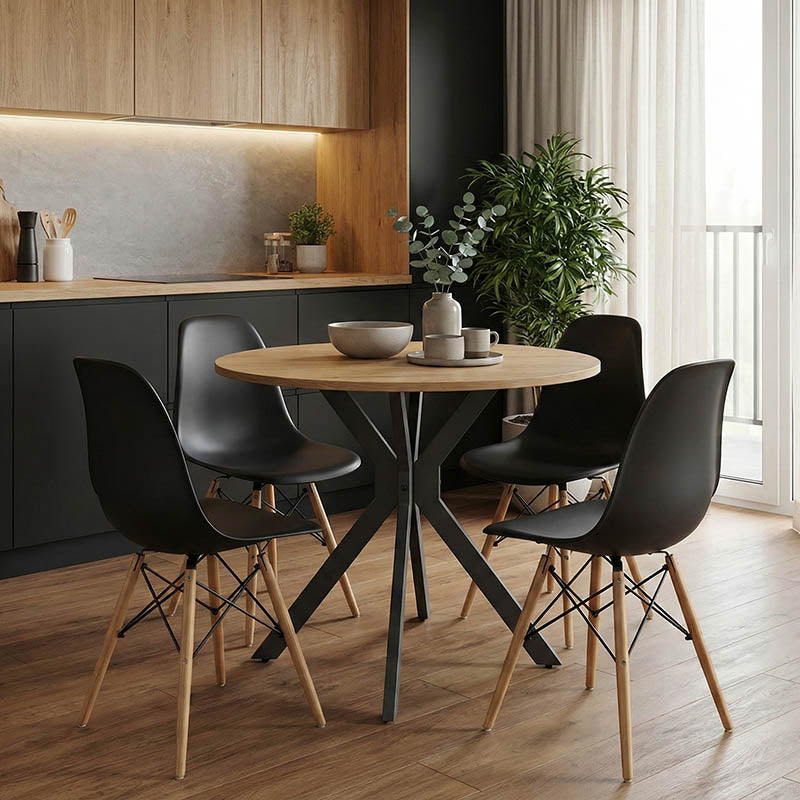 Τραπέζι Xuson φυσικό mdf-πόδι μαύρο μέταλλο Φ80x75εκ