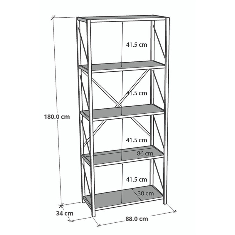 Βιβλιοθήκη Tikilmo oak μελαμίνης-μαύρο μέταλλο 88x34x180εκ