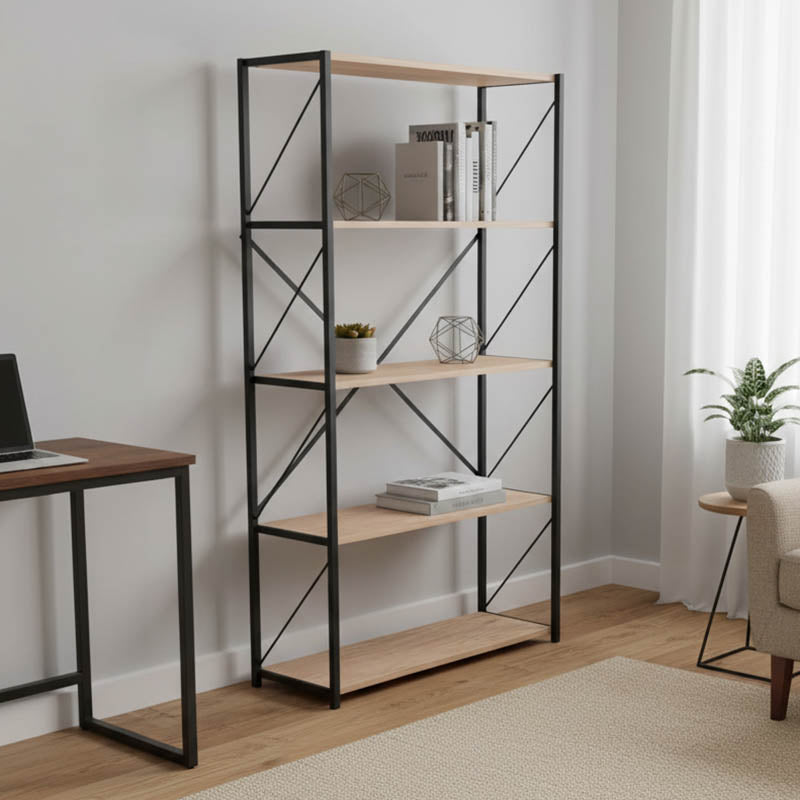 Βιβλιοθήκη Tikilmo oak μελαμίνης-μαύρο μέταλλο 88x34x180εκ