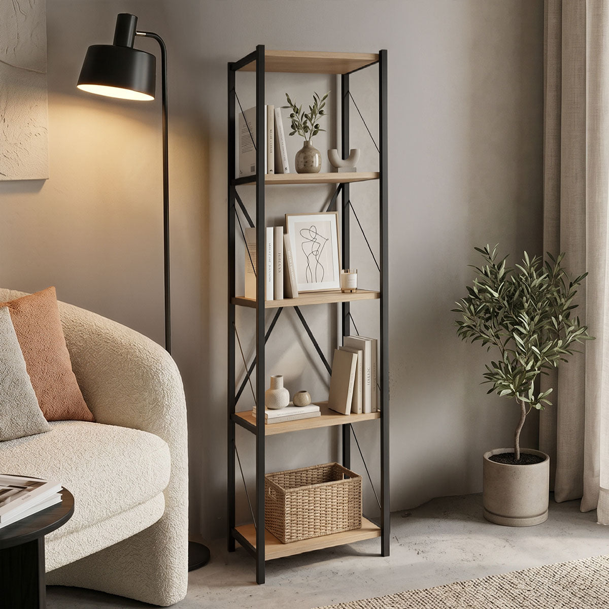 Βιβλιοθήκη Glase oak μελαμίνης-μαύρο μέταλλο 40x30x150εκ