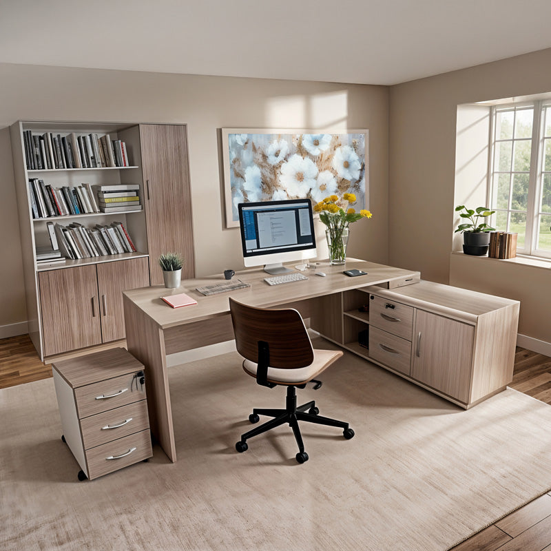 Καρέκλα γραφείου εργασίας Amani μπεζ pu-καρυδί plywood 52x54x90.5εκ