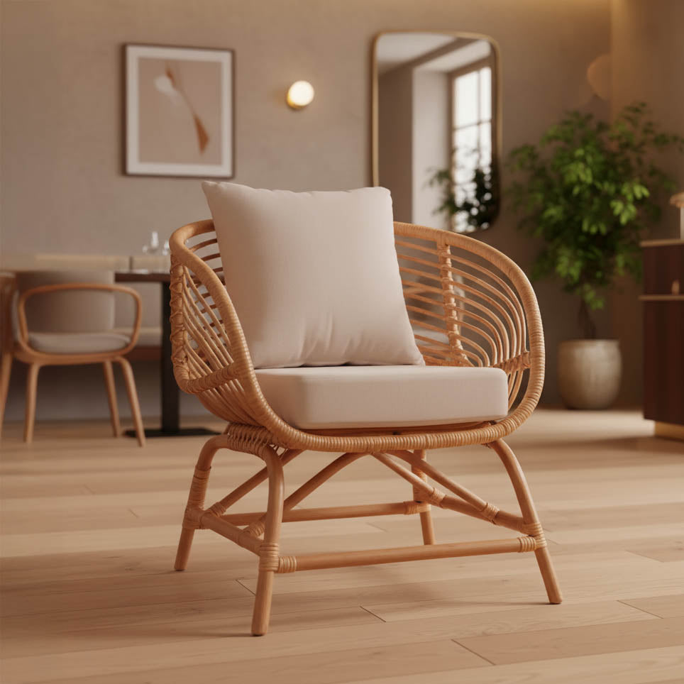 Πολυθρόνα Caxen φυσικό rattan-λευκό μαξιλάρι 72x63x75εκ