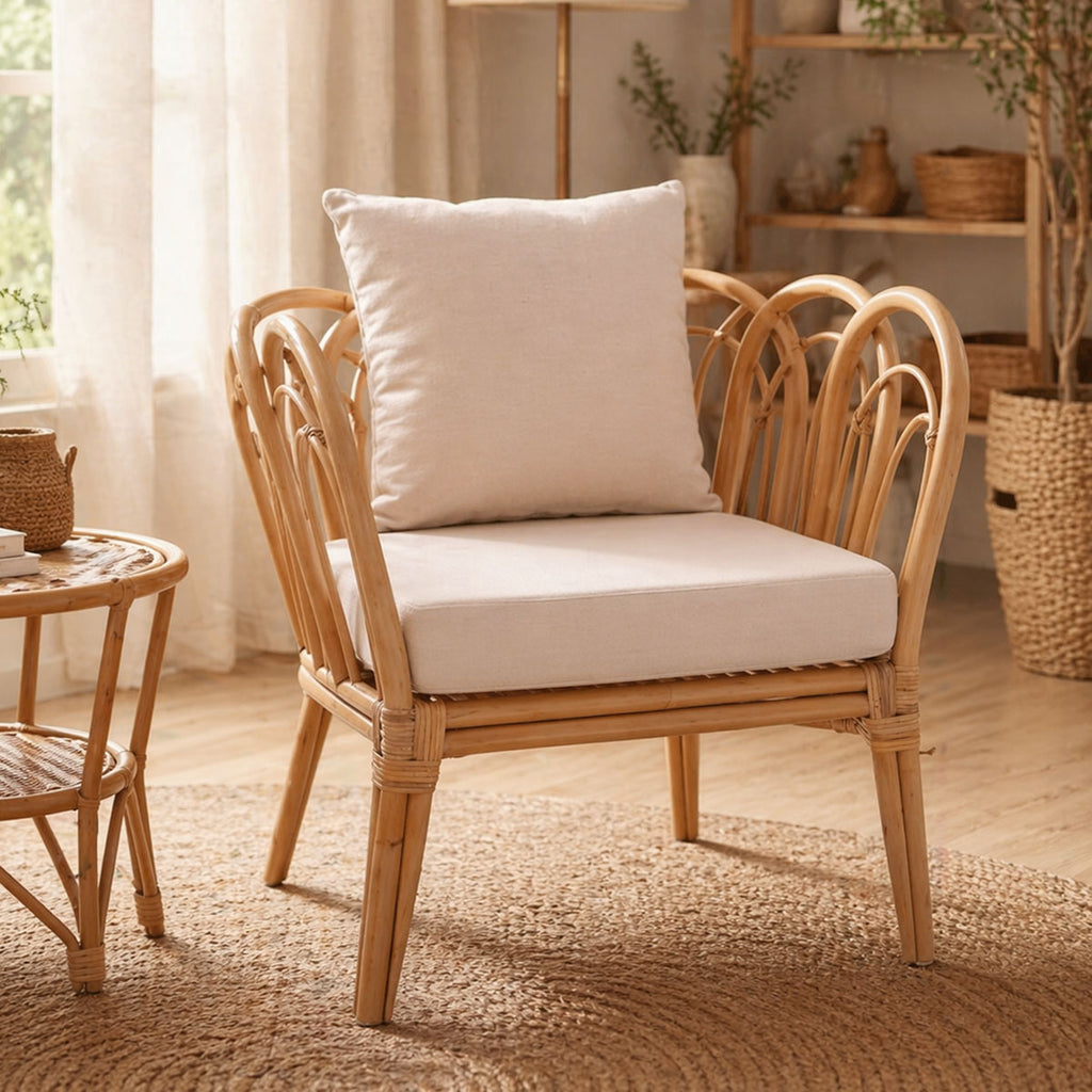 Πολυθρόνα Tania φυσικό rattan-λευκό μαξιλάρι 76x76x76εκ
