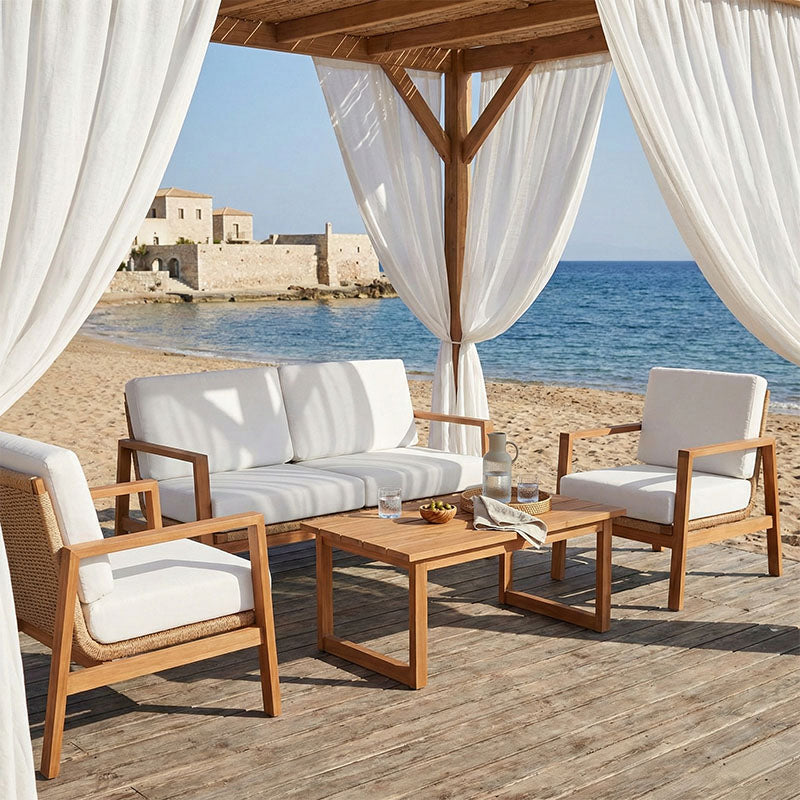Σαλόνι Doumain σετ 4 τεμαχίων φυσικό teak ξύλο-λευκό μαξιλάρι-φυσικό ραττάν