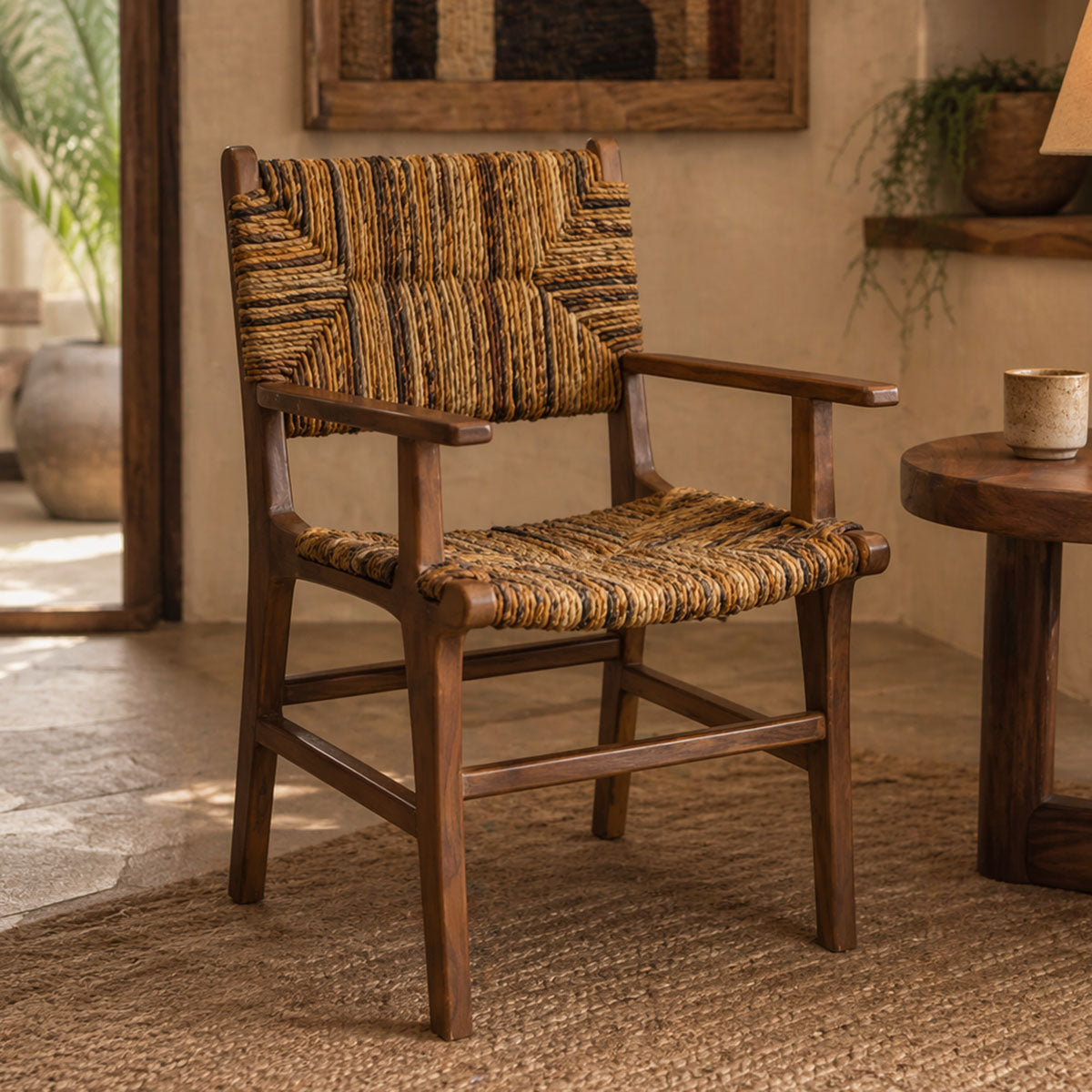 Πολυθρόνα Refane φυσικό teak ξύλο-ψάθα 55x60x85εκ