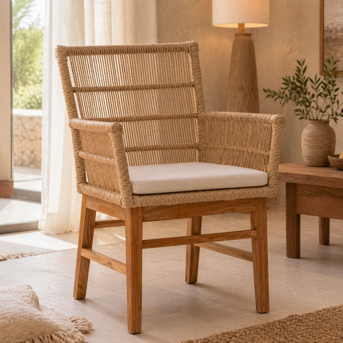 Πολυθρόνα Inca teak ξύλο και pe σχοινί σε φυσική-μπεζ απόχρωση με μαξιλάρι 60x61x90εκ