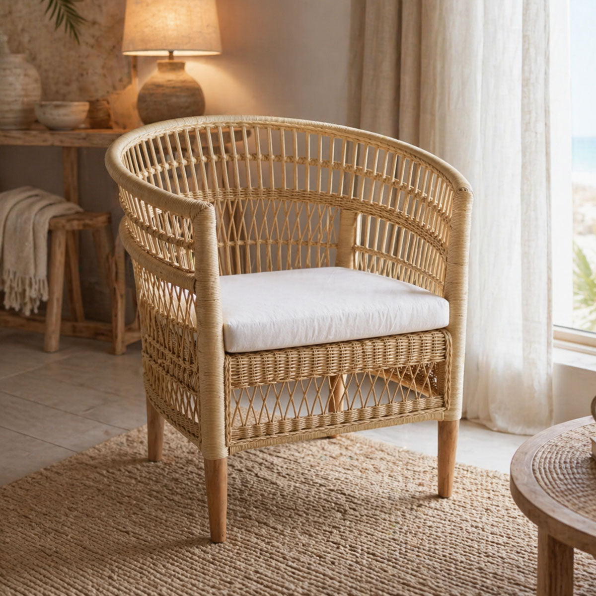 Πολυθρόνα Necorian paakoworld teak ξύλο με pe rattan σε φυσική απόχρωση και λευκό μαξιλάρι 80x70x87εκ