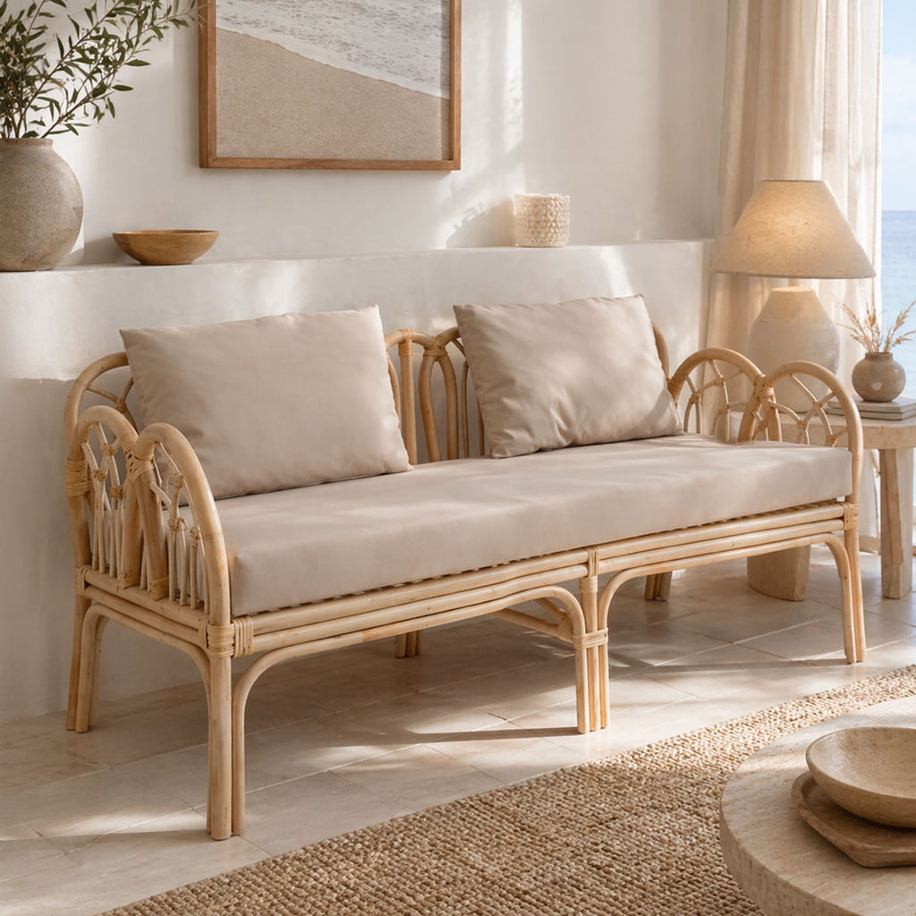 Καναπές διθέσιος Ytrone rattan σε φυσική απόχρωση με μπεζ μαξιλάρι 166x61.5x71εκ