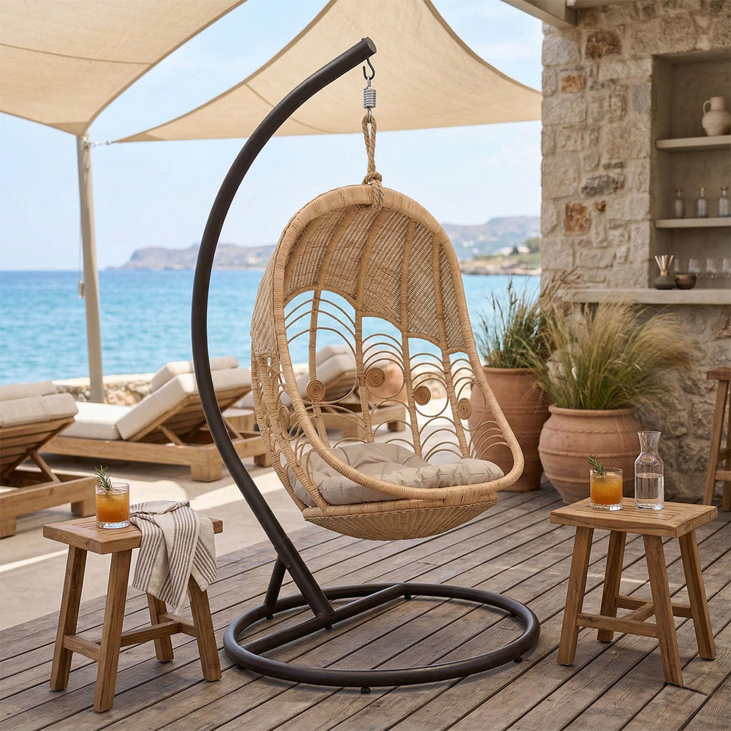 Κούνια Labreone rattan φυσική απόχρωση -μαύρο μέταλλο-μπεζ μαξιλάρι 82x82x200εκ
