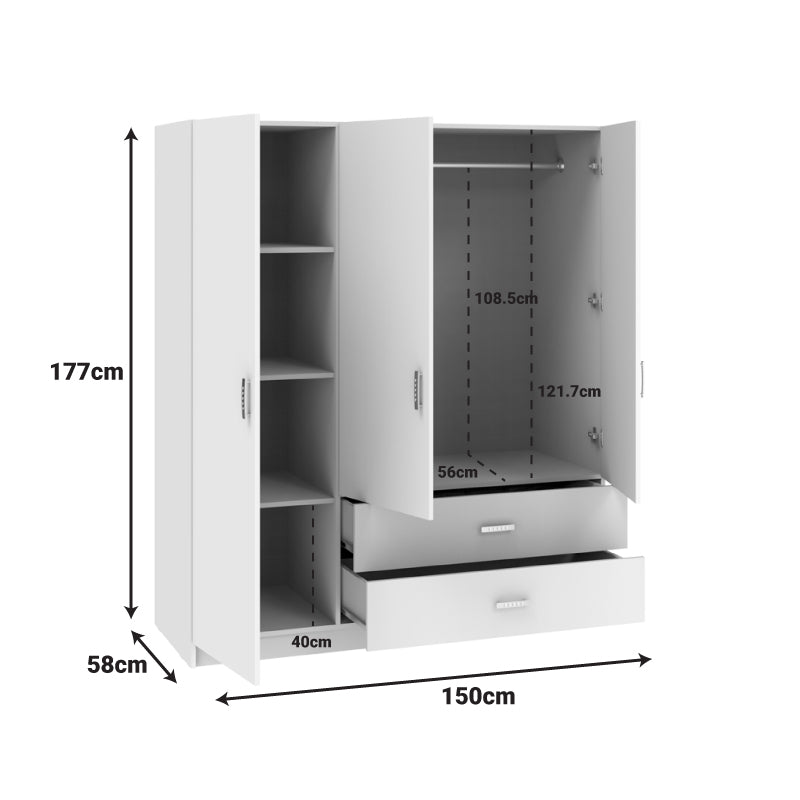 Ντουλάπα τρίφυλλη Royal με συρτάρια λευκό 150x58x177εκ