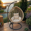 Κούνια φωλιά με βάση Lyere μέταλλο καφέ-pe rattan σε μπεζ απόχρωση 120x108x195εκ