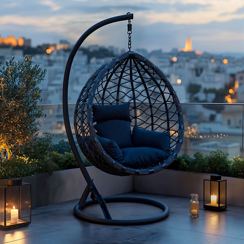 Κούνια φωλιά με βάση Lyere μέταλλο ανθρακί pe rattan σε γκρι απόχρωση 120x108x195εκ