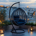 Κούνια φωλιά με βάση Lyere μέταλλο ανθρακί pe rattan σε γκρι απόχρωση 120x108x195εκ