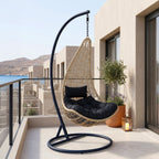 Κούνια φωλιά με βάση Soleil μέταλλο μαύρο- pe rattan φυσικό με μαύρο μαξιλάρι 120x95x195εκ