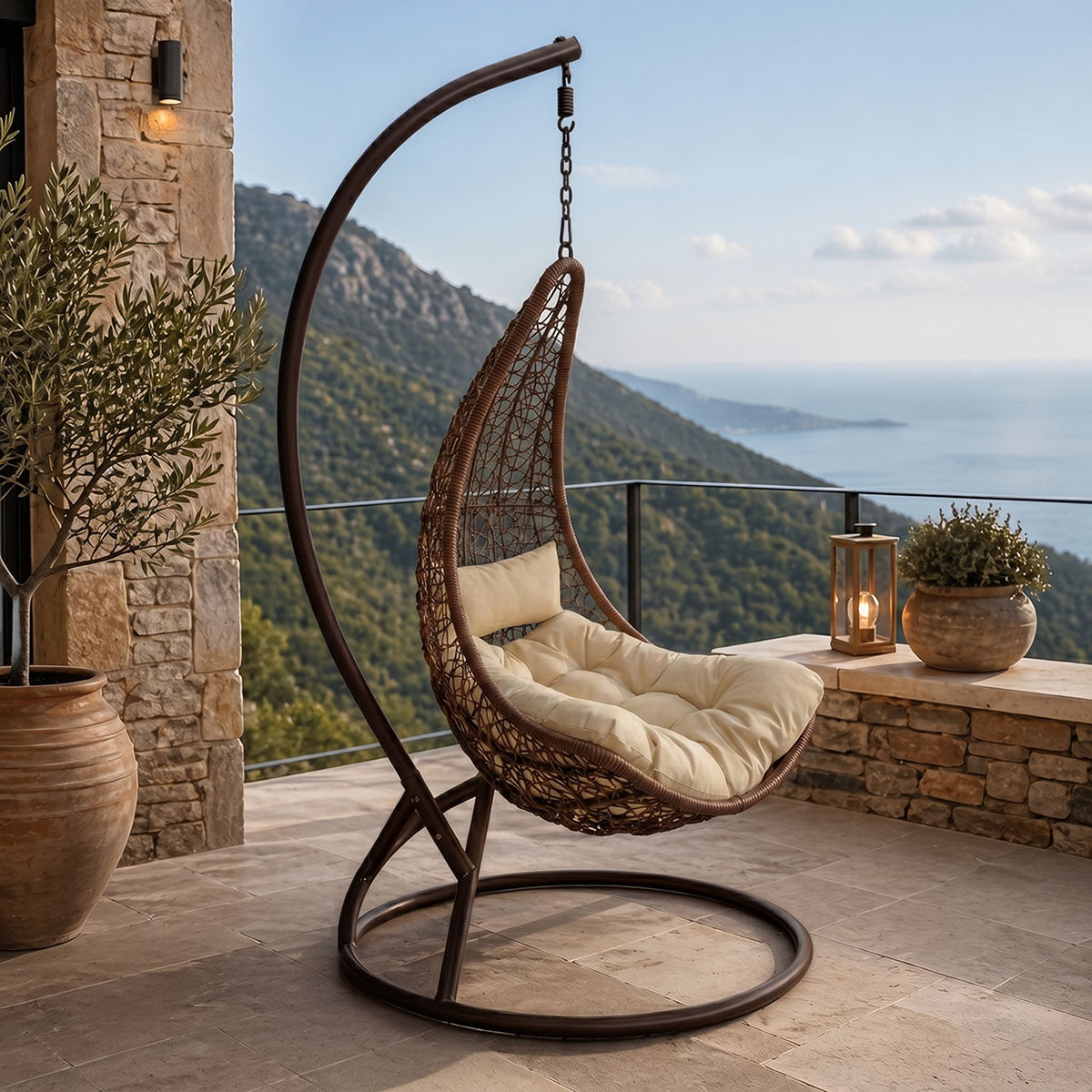 Κούνια φωλιά με βάση Soleil μέταλλο καφέ- pe rattan καφέ με μπεζ μαξιλάρι 120x95x195εκ
