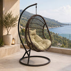 Κούνια φωλιά με βάση Cungo μέταλλο καφέ- pe rattan καφέ με μπεζ μαξιλάρι 125x105x195εκ
