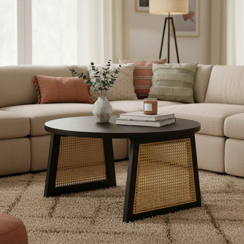 Τραπέζι Tamarind ξύλο mango-φυσικό rattan σε μαύρη απόχρωση Φ65x40εκ