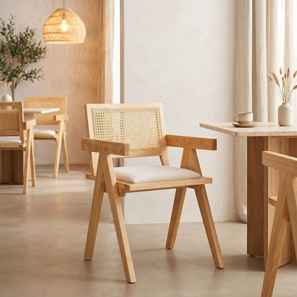 Πολυθρόνα Winslow rubberwood σε φυσική απόχρωση-ύφασμα λευκό 51x54x80εκ
