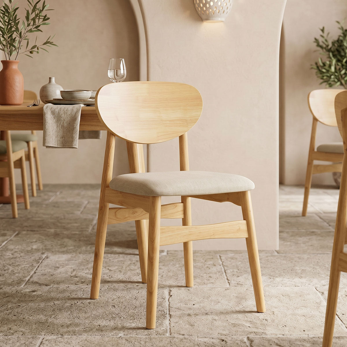 Καρέκλα Cardith rubberwood-plywood σε φυσική απόχρωση-ύφασμα γκρι-μπεζ 48x51x78εκ